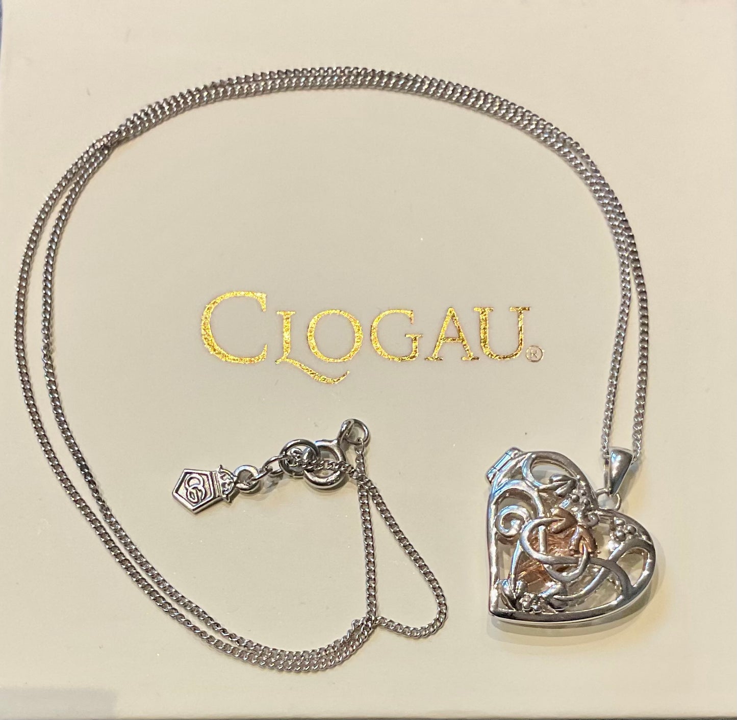 Clogau Tree of Life Fairy Heart Locket necklace in silver and rose gold 18”