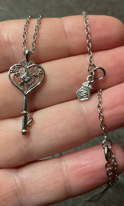 Clogau Royal Kensington Heart Key White Topaz pendant 18-22” necklace in silver and rose gold