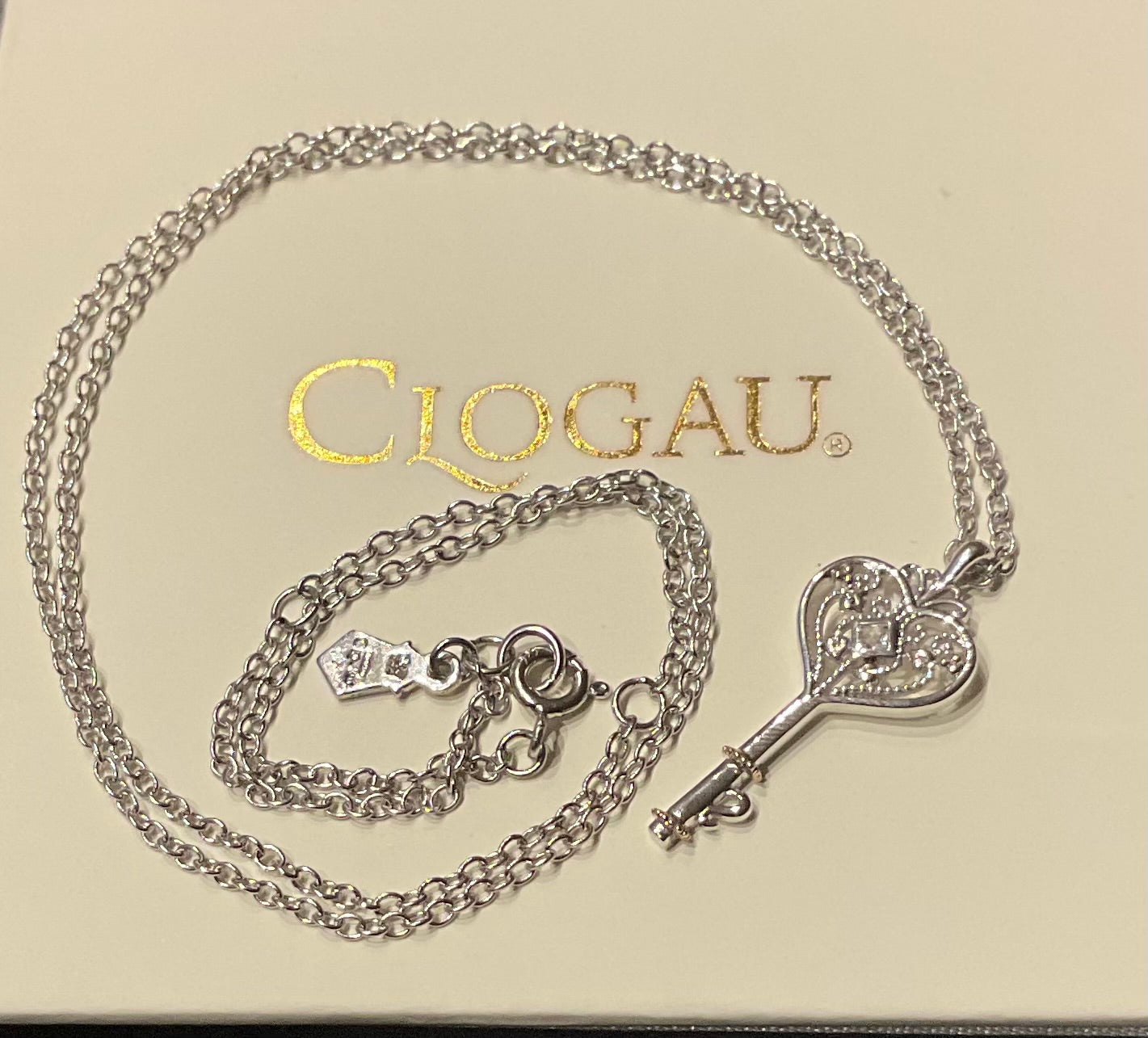 Clogau Royal Kensington Heart Key White Topaz pendant 18-22” necklace in silver and rose gold