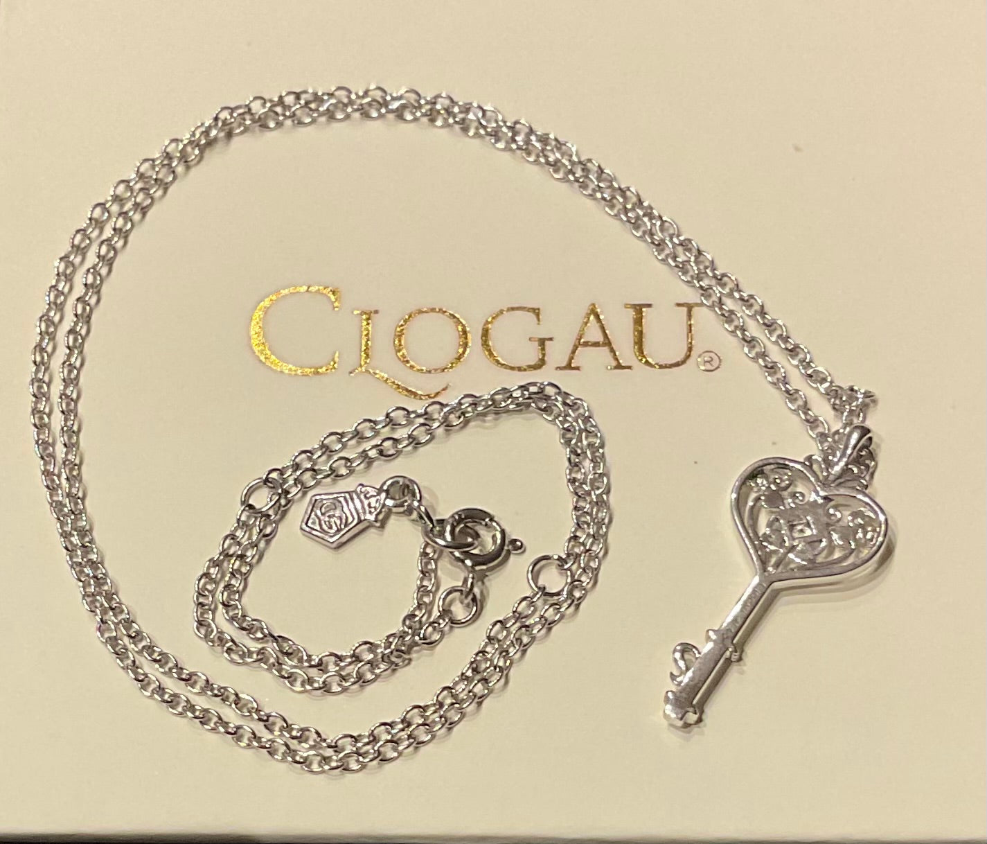 Clogau Royal Kensington Heart Key White Topaz pendant 18-22” necklace in silver and rose gold
