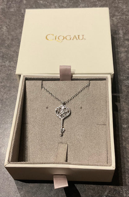 Clogau Royal Kensington Heart Key White Topaz pendant 18-22” necklace in silver and rose gold