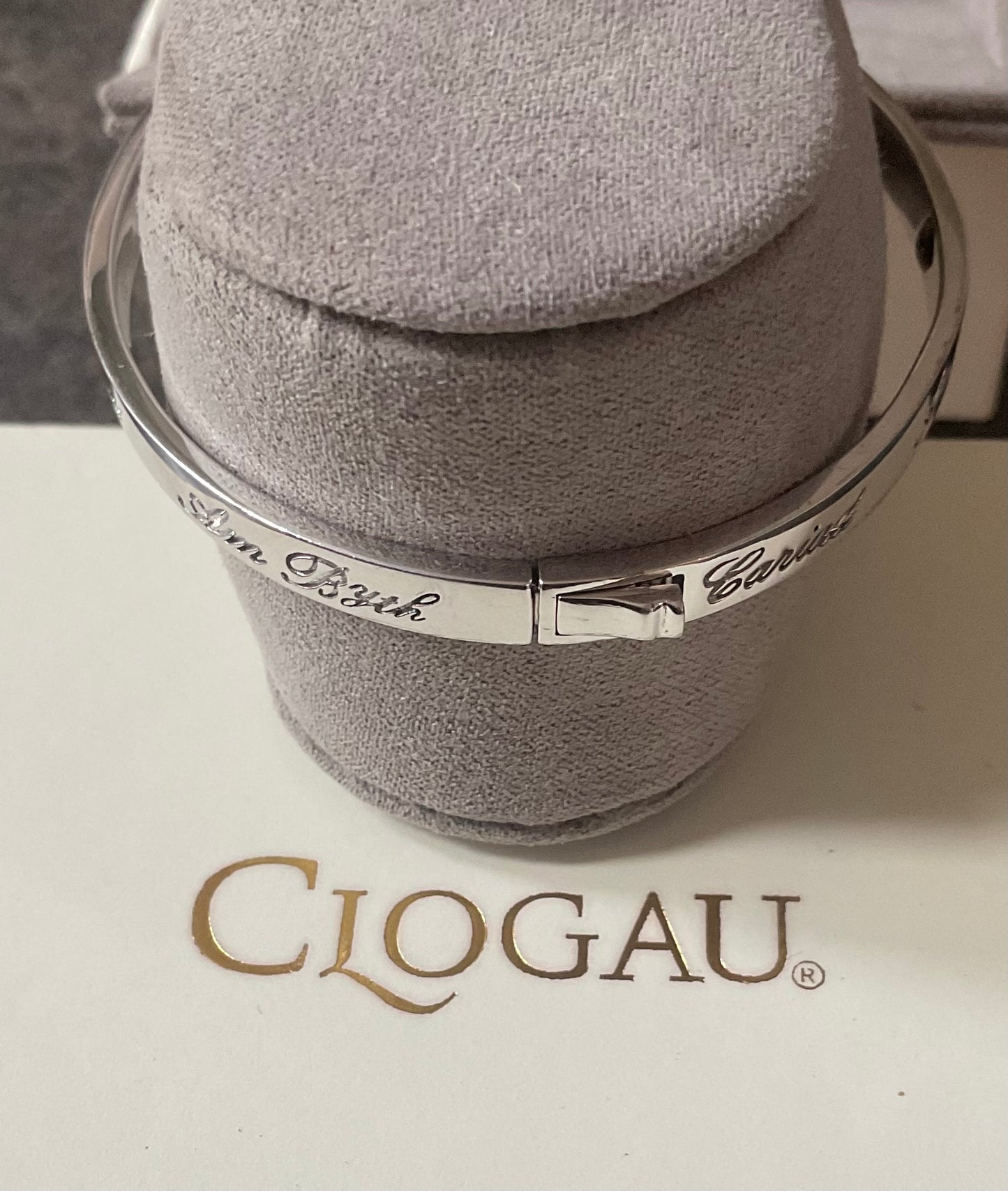 Clogau Cariad Am Byth Script silver hinged bangle bracelet with internal rose gold heart