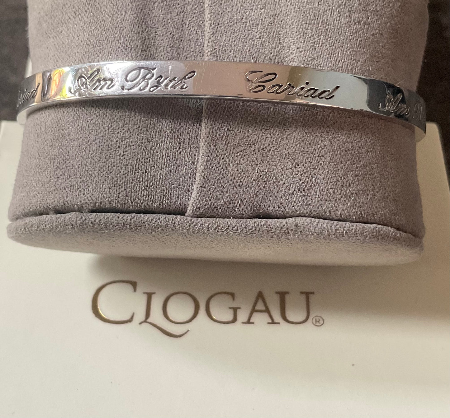 Clogau Cariad Am Byth Script silver hinged bangle bracelet with internal rose gold heart