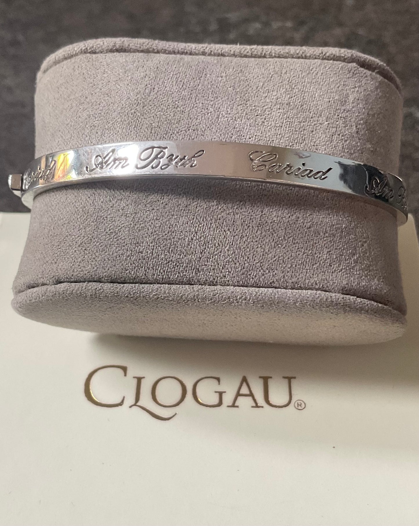 Clogau Cariad Am Byth Script silver hinged bangle bracelet with internal rose gold heart