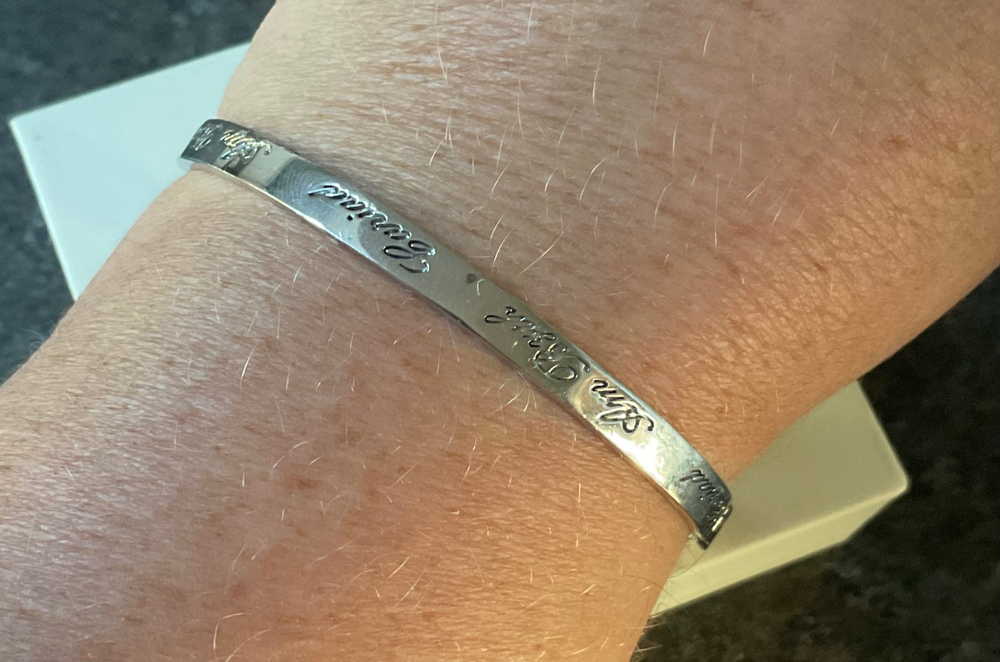 Clogau Cariad Am Byth Script silver hinged bangle bracelet with internal rose gold heart