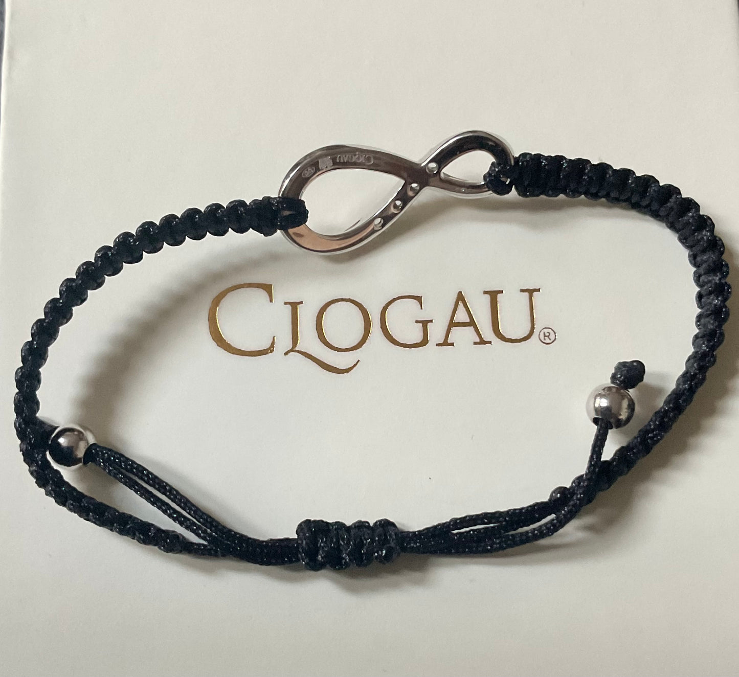 Clogau White Topaz Eternity friendship bracelet with adjustable black cord band in silver and rose gold