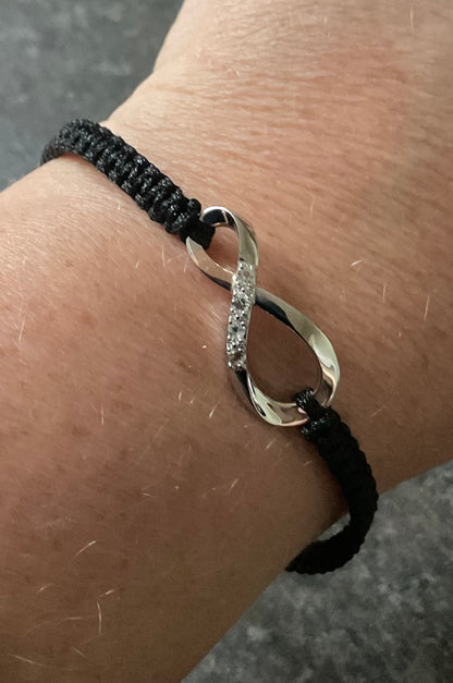 Clogau White Topaz Eternity friendship bracelet with adjustable black cord band in silver and rose gold