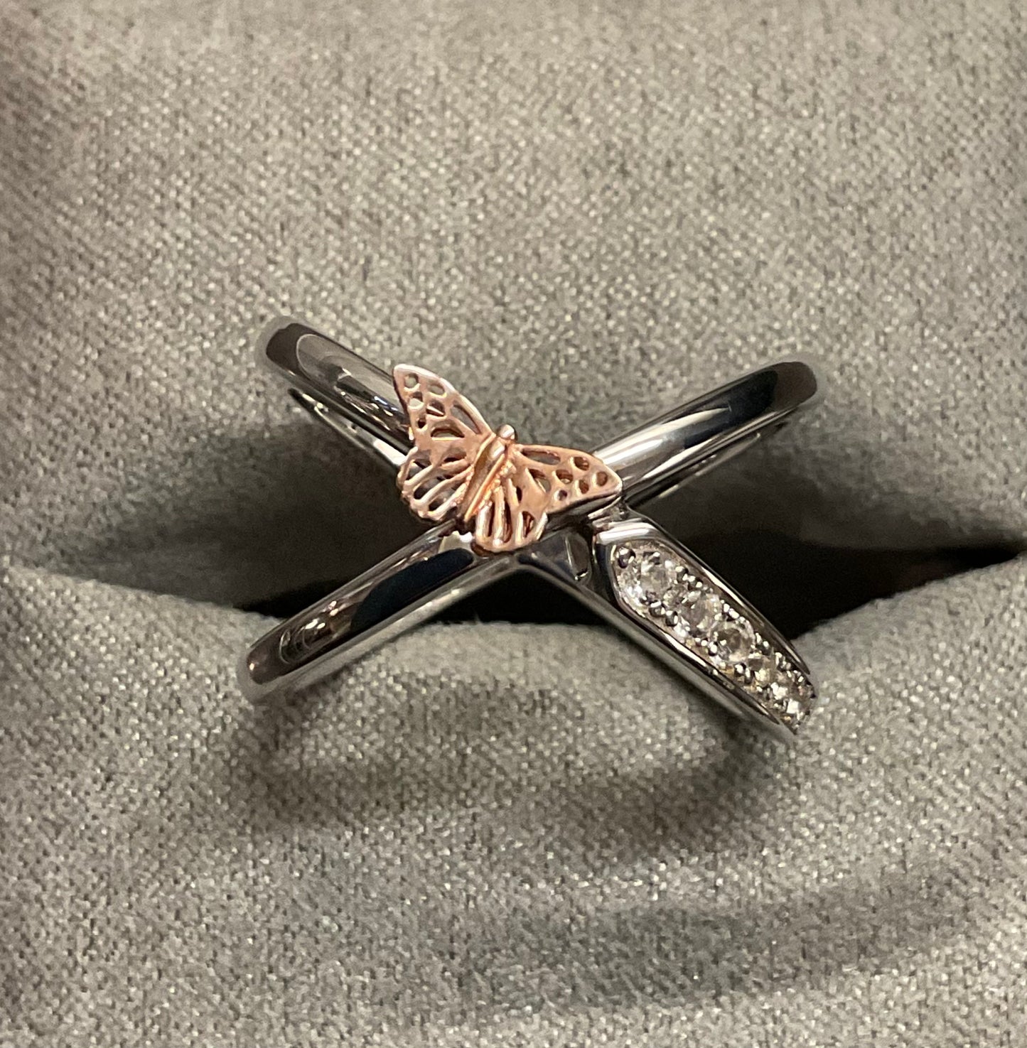 Rare Clogau White Topaz Butterfly crossover ring size O1/2-P in silver and rose gold