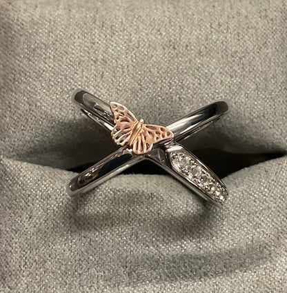 Rare Clogau White Topaz Butterfly crossover ring size O1/2-P in silver and rose gold