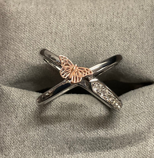 Rare Clogau White Topaz Butterfly crossover ring size O1/2-P in silver and rose gold