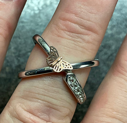 Rare Clogau White Topaz Butterfly crossover ring size O1/2-P in silver and rose gold