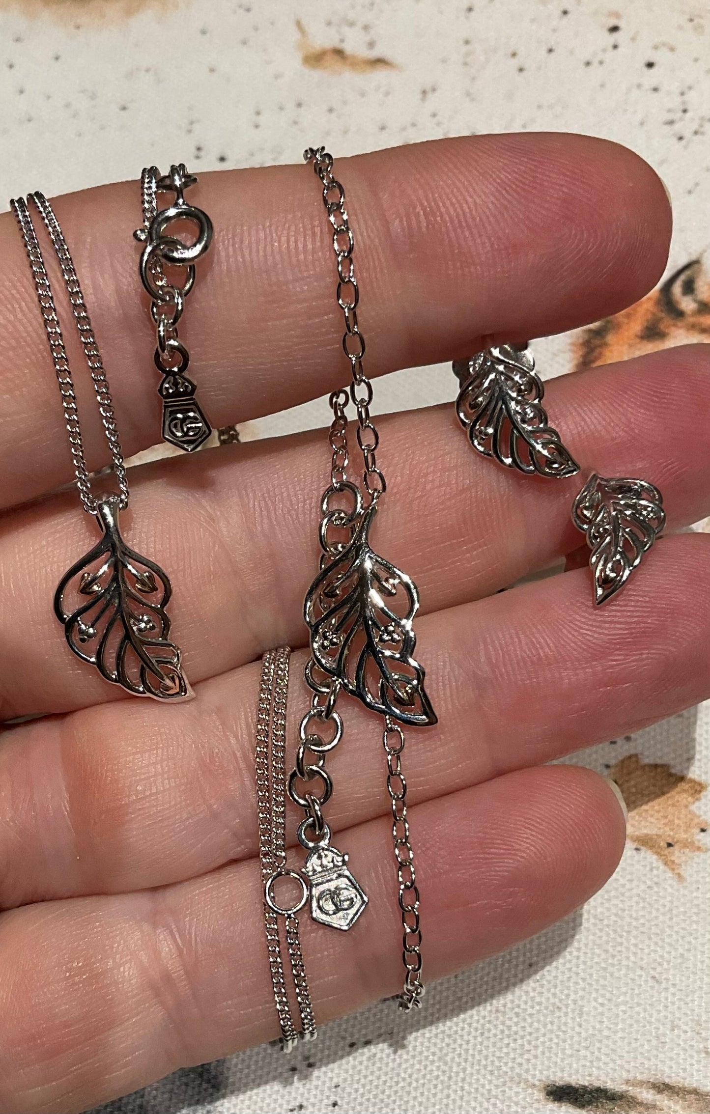 Clogau Debutante Feather necklace bracelet & earring set silver & rose gold