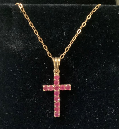 9ct ruby cross crucifix pendant on 16” fine 9ct trace chain yellow gold