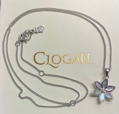 Clogau Lady Snowdon Diamond & Mother of Pearl pendant necklace 18-22” in silver & rose gold