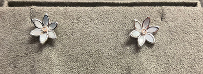 Clogau Lady Snowdon Mother of Pearl and Diamond flower stud earrings in silver and rose gold