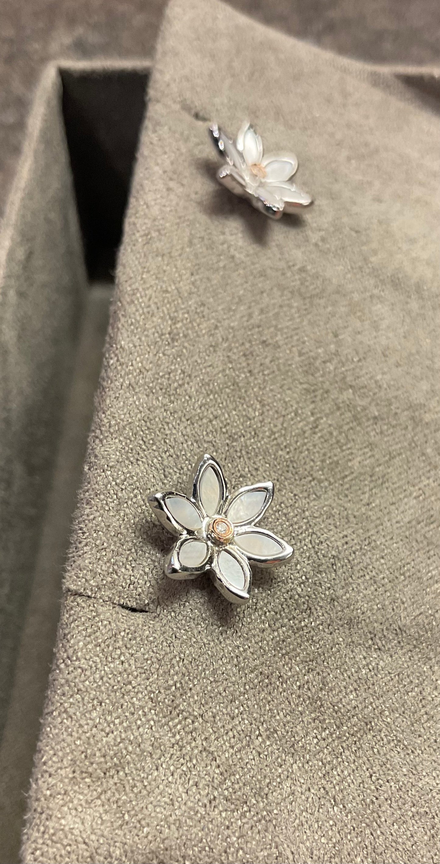 Clogau Lady Snowdon Mother of Pearl and Diamond flower stud earrings in silver and rose gold