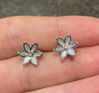 Clogau Lady Snowdon Mother of Pearl and Diamond flower stud earrings in silver and rose gold