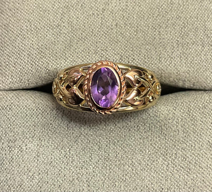 Royal Clogau 9ct Delphinium Amethyst and Diamond ring size N in yellow and rose gold RRP £630