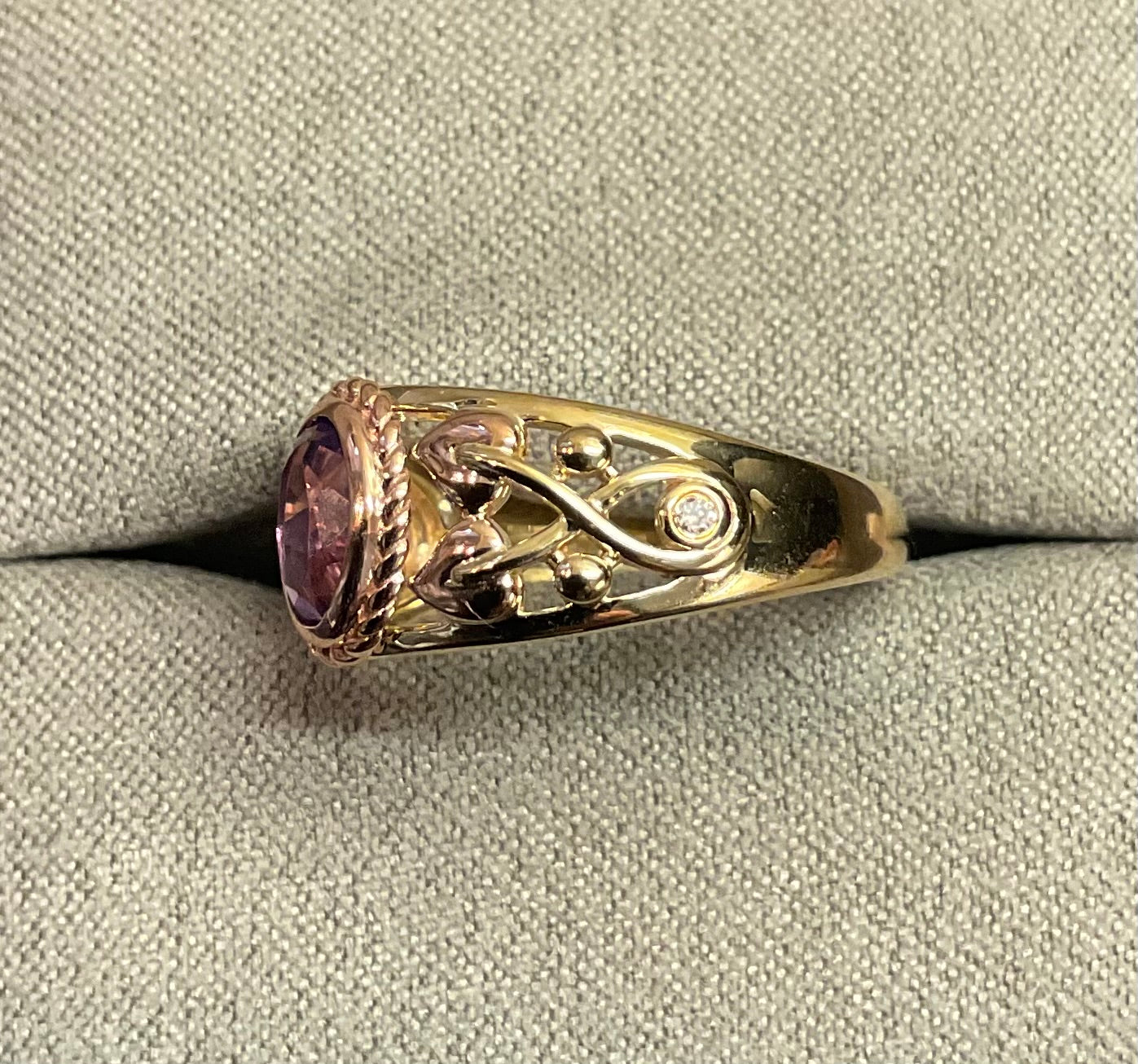 Royal Clogau 9ct Delphinium Amethyst and Diamond ring size N in yellow and rose gold RRP £630