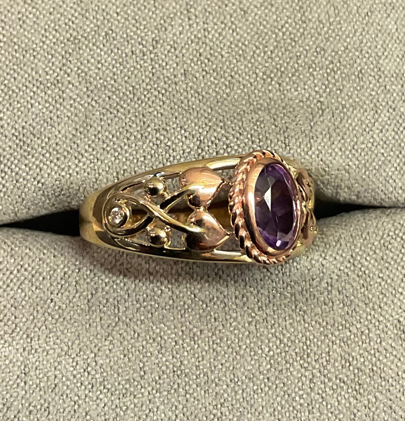 Royal Clogau 9ct Delphinium Amethyst and Diamond ring size N in yellow and rose gold RRP £630