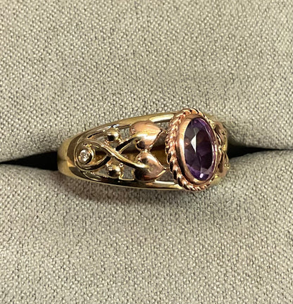Royal Clogau 9ct Delphinium Amethyst and Diamond ring size N in yellow and rose gold RRP £630