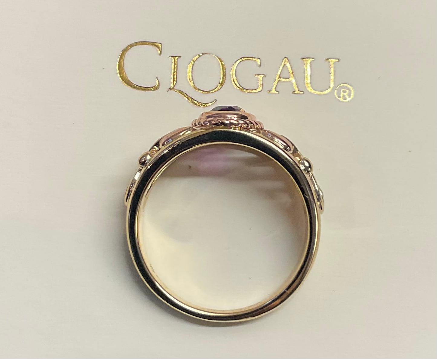 Royal Clogau 9ct Delphinium Amethyst and Diamond ring size N in yellow and rose gold RRP £630