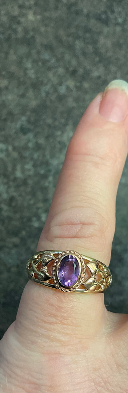 Royal Clogau 9ct Delphinium Amethyst and Diamond ring size N in yellow and rose gold RRP £630