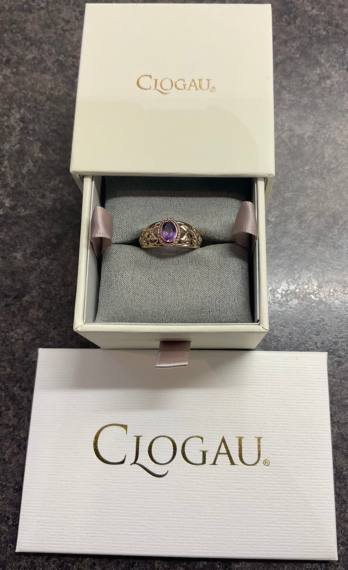 Royal Clogau 9ct Delphinium Amethyst and Diamond ring size N in yellow and rose gold RRP £630