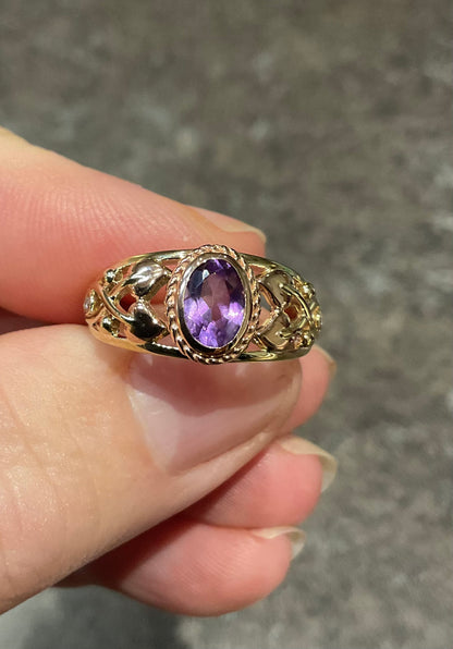 Royal Clogau 9ct Delphinium Amethyst and Diamond ring size N in yellow and rose gold RRP £630