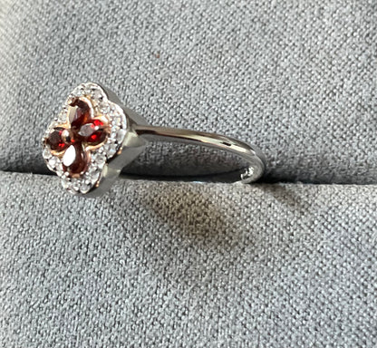 Clogau Garnet Tudor Court white topaz ring in silver and rose gold size O and P
