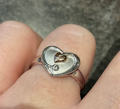 Clogau White Topaz Heart ring in silver and rose gold size O and Q