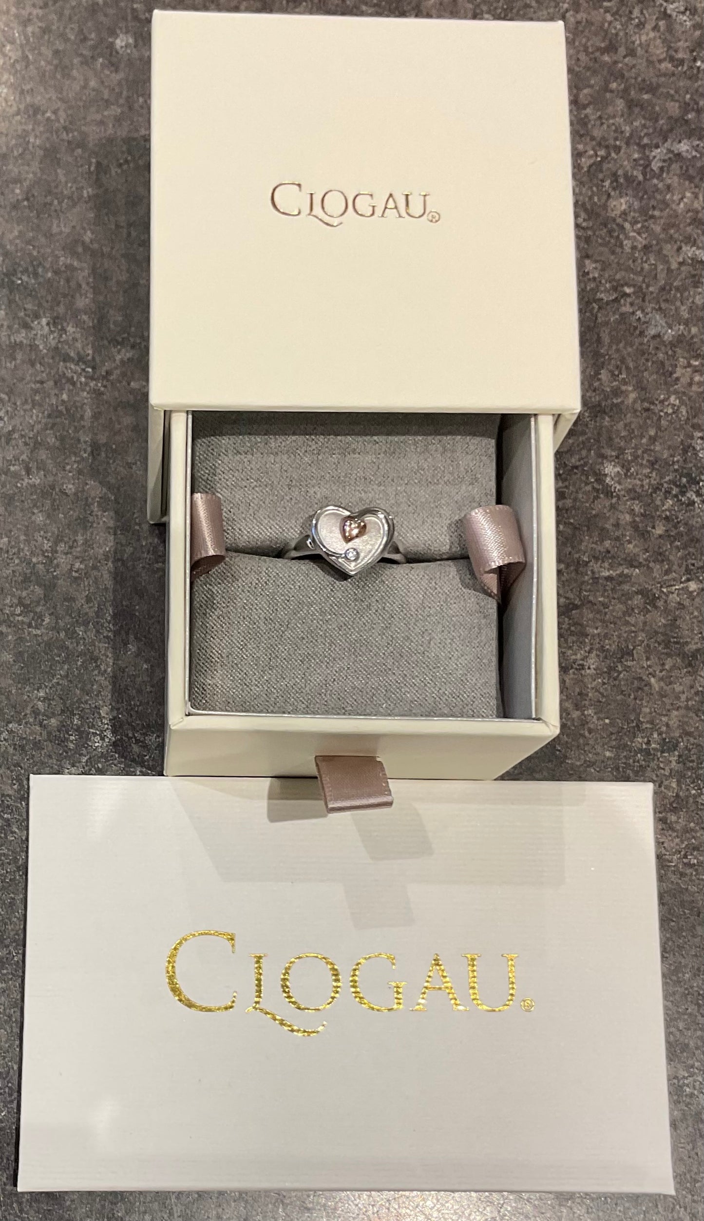 Clogau White Topaz Heart ring in silver and rose gold size O and Q