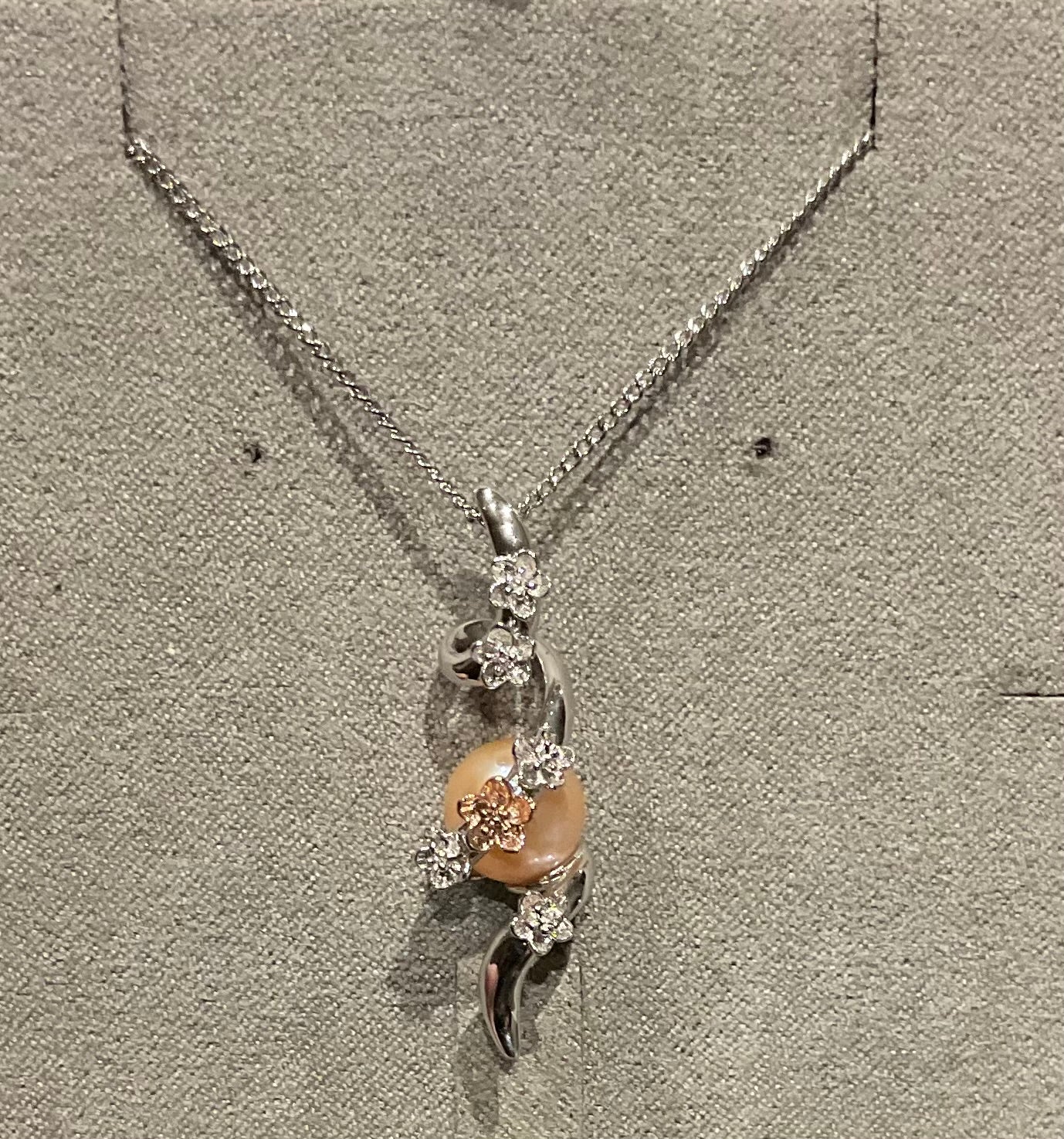 Clogau Peach Pearl Blossom spiral pendant necklace in silver and rose gold 18-22”