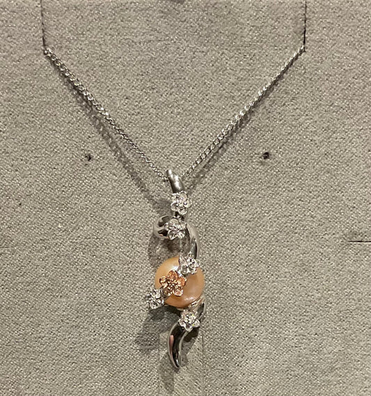 Clogau Peach Pearl Blossom spiral pendant necklace in silver and rose gold 18-22”