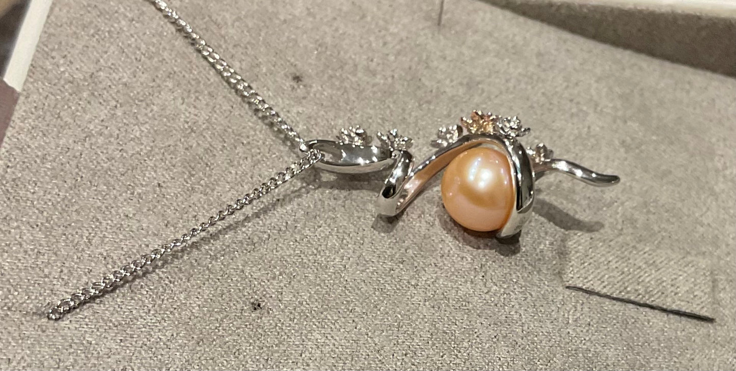 Clogau Peach Pearl Blossom spiral pendant necklace in silver and rose gold 18-22”