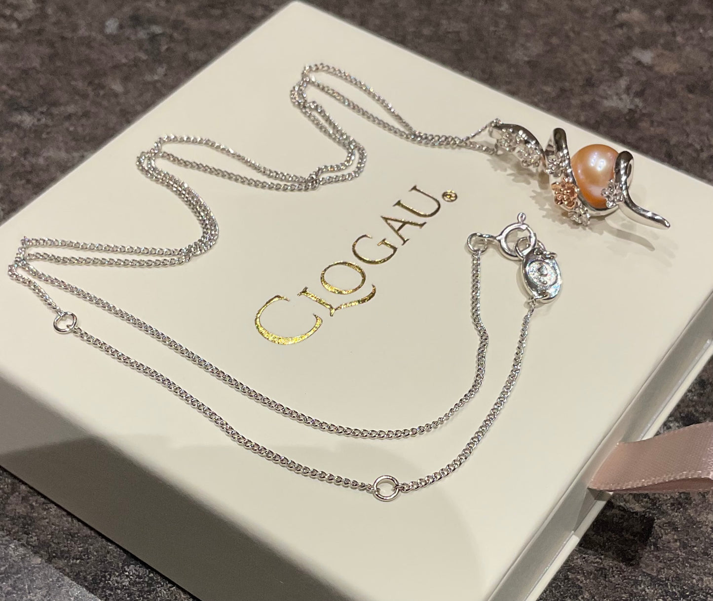 Clogau Peach Pearl Blossom spiral pendant necklace in silver and rose gold 18-22”