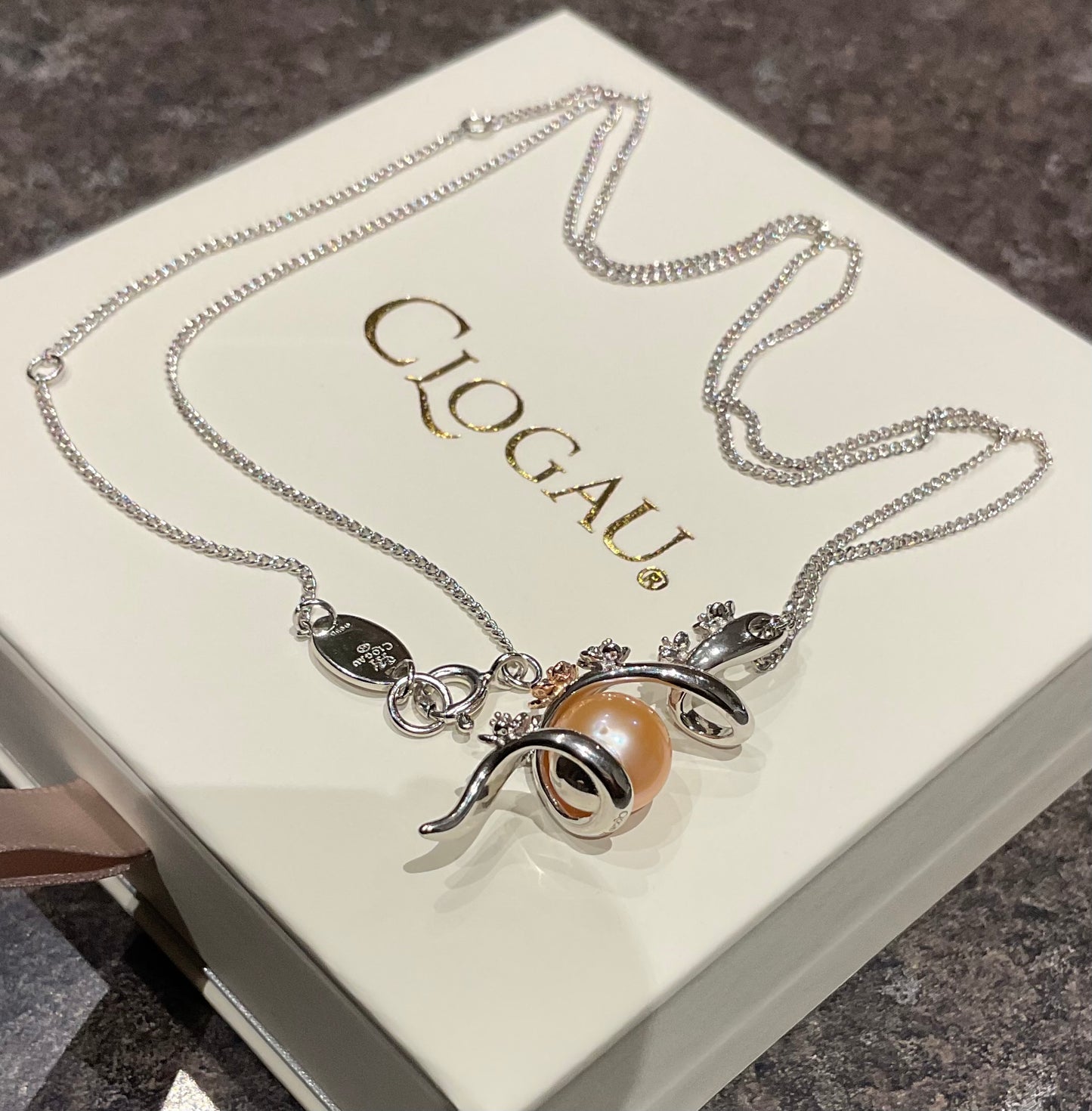 Clogau Peach Pearl Blossom spiral pendant necklace in silver and rose gold 18-22”