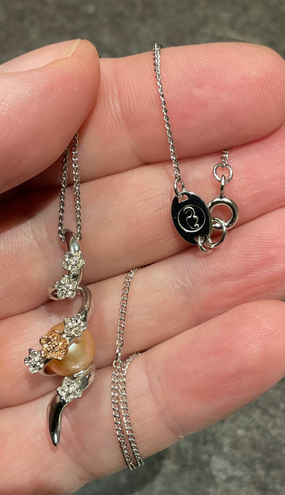 Clogau Peach Pearl Blossom spiral pendant necklace in silver and rose gold 18-22”