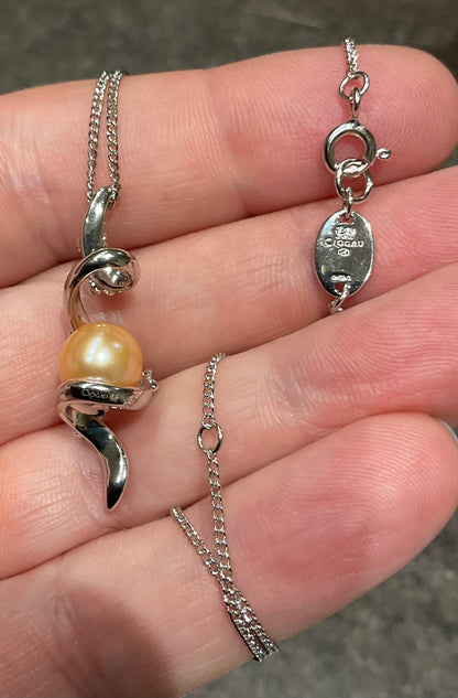 Clogau Peach Pearl Blossom spiral pendant necklace in silver and rose gold 18-22”