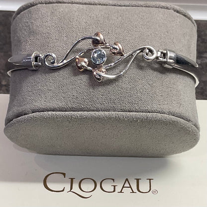 Clogau Blue Topaz Tree of Life Love Vine bangle bracelet in silver and rose gold open top hinged