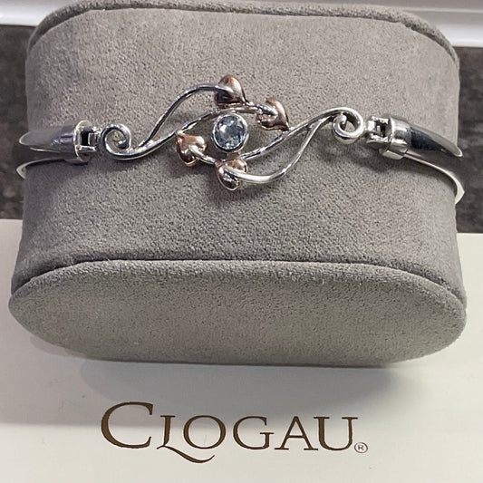 Clogau Blue Topaz Tree of Life Love Vine bangle bracelet in silver and rose gold open top hinged