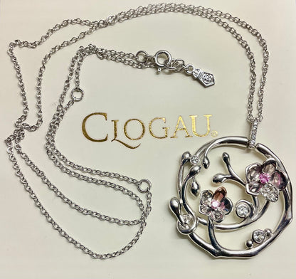 Rare Clogau Pink Sapphire and White Topaz Orchid Circular pendant necklace in silver and rose gold 20-24”