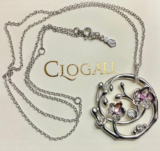 Rare Clogau Pink Sapphire and White Topaz Orchid Circular pendant necklace in silver and rose gold 20-24”