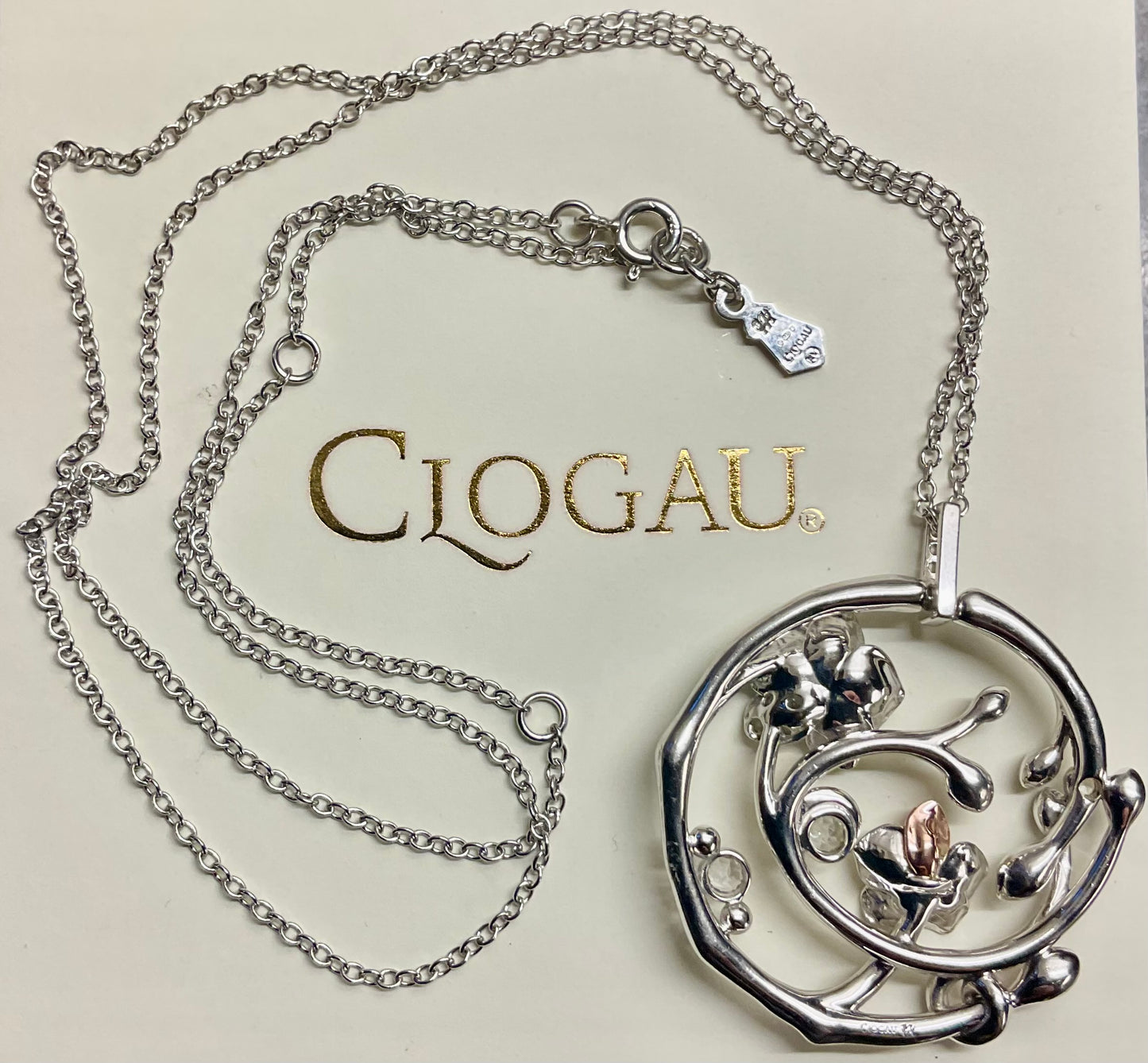 Rare Clogau Pink Sapphire and White Topaz Orchid Circular pendant necklace in silver and rose gold 20-24”