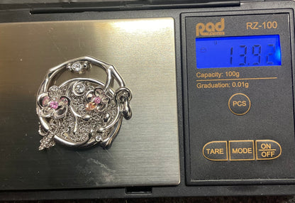 Rare Clogau Pink Sapphire and White Topaz Orchid Circular pendant necklace in silver and rose gold 20-24”