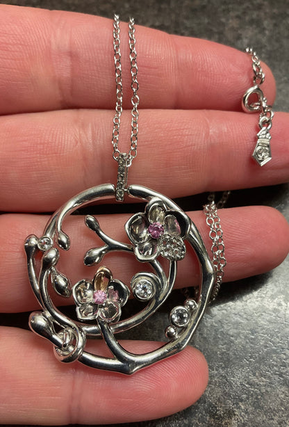 Rare Clogau Pink Sapphire and White Topaz Orchid Circular pendant necklace in silver and rose gold 20-24”
