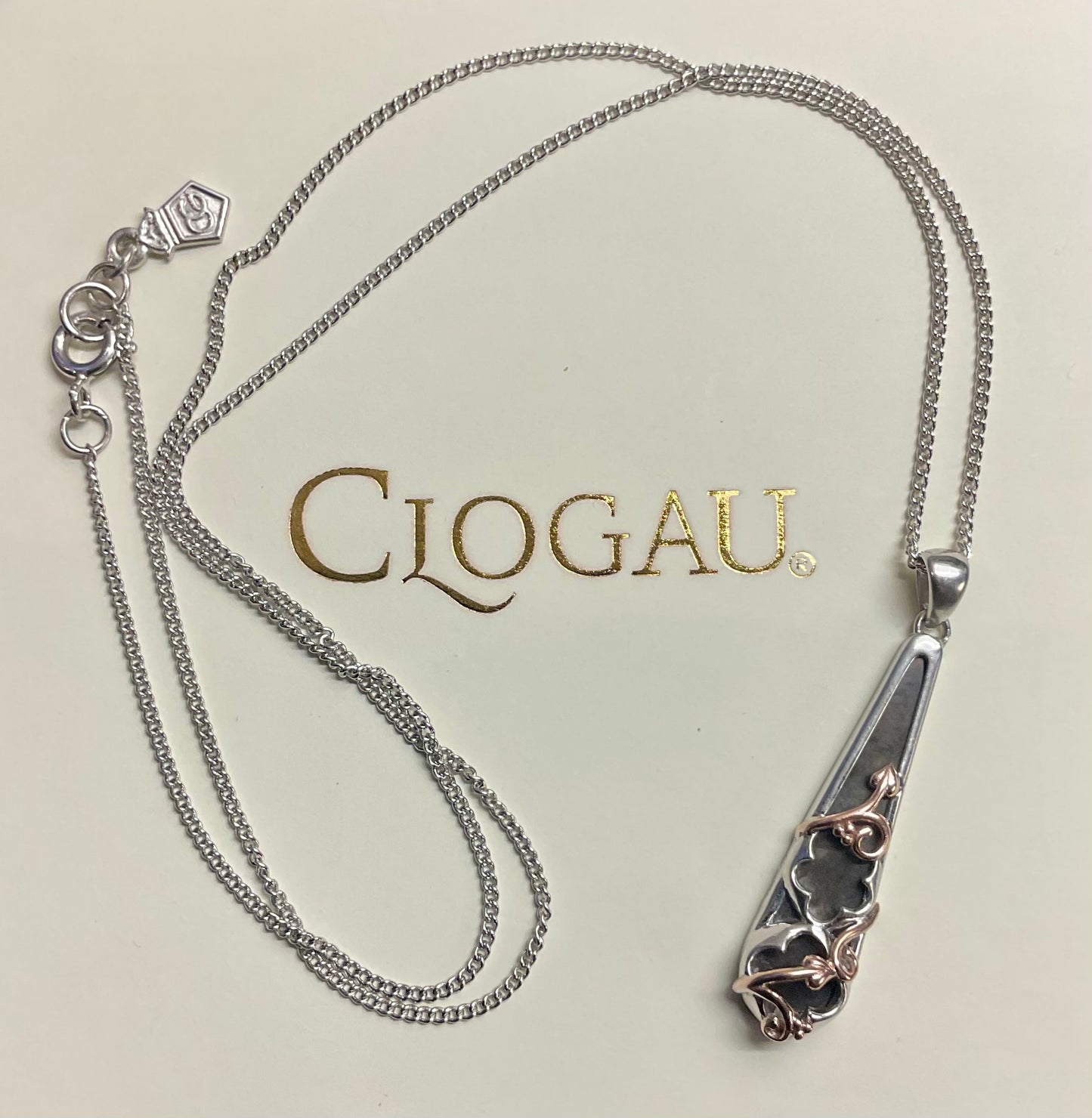 Clogau Tudor Court Black Mother of Pearl pendant necklace 18” in silver and rose gold