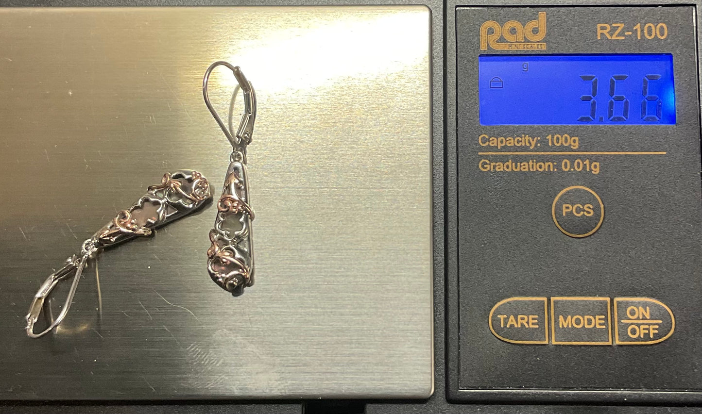 Clogau Tudor Court Black Mother of Pearl drop earrings in silver and rose gold