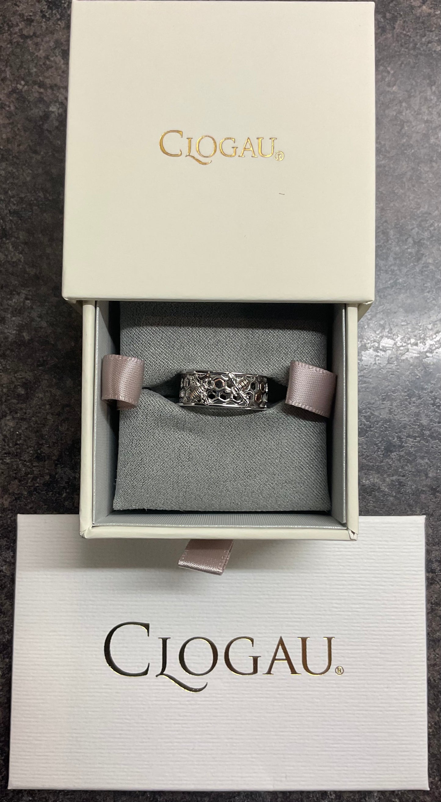Clogau Honey Bee On Honeycomb wide band ring in silver and rose gold size Q