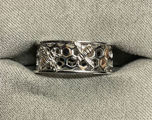 Clogau Honey Bee On Honeycomb wide band ring in silver and rose gold size Q
